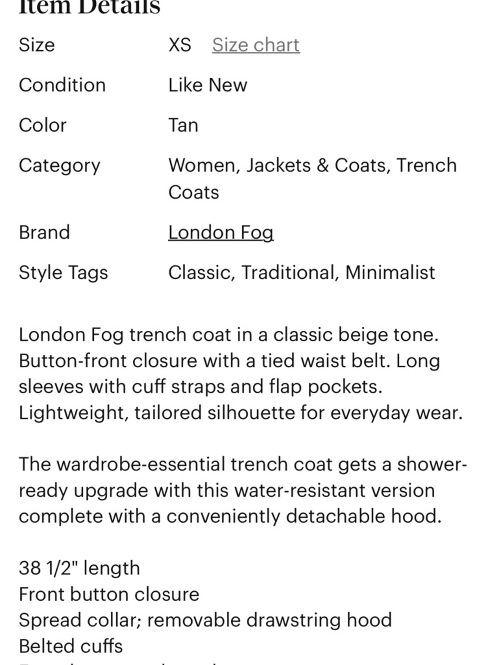 London Fog Beige Trench Coat with Belt - Picture 9 of 9